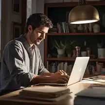 Imagen de un estudiante del diplomado en economía y finanzas en frente de su computadora, mientras analiza los contenidos del programa.