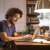 Imagen de un alumno sonriendo en frente de su computadora mientras revisa los contenidos del diplomado en innovación pedagógica.