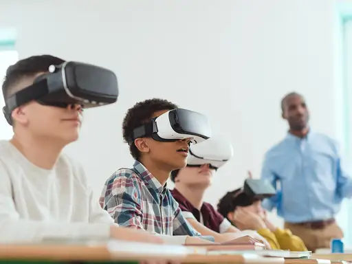 Fotografía de cuatro niños con sus gafas de realidad virtual, usándolas como herramientas digitales de aprendizaje y siendo guiados por un docente.