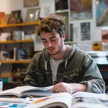 Estudiante leyendo libros de arte contemporáneo en estudio de pintura