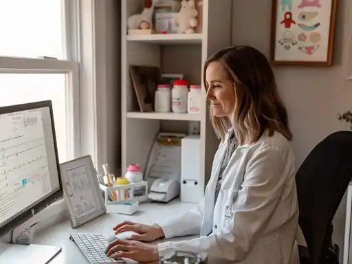 Profesional de la salud sonriendo mientras estudia el diplomado online en nutrición pediátrica